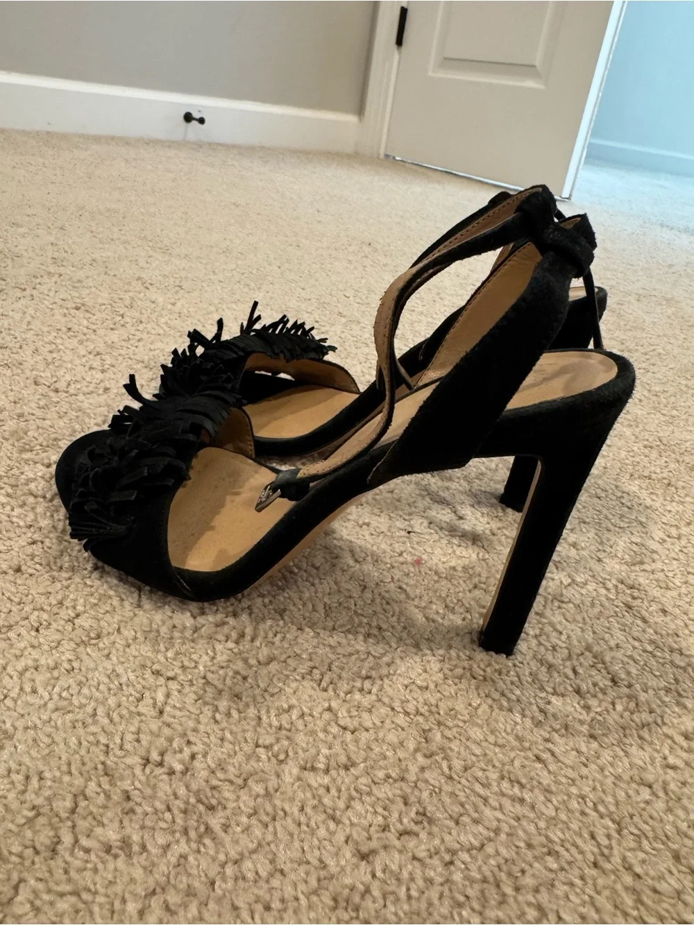 Banana Republic Black Suede Fringe Ankle-Strap Heels
